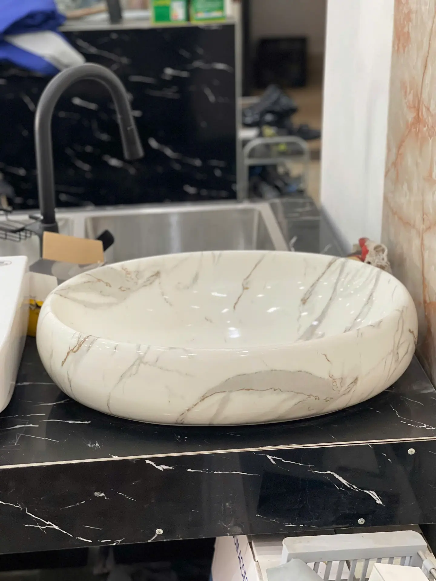 Lavabo oval vân đá marble bóng gương – model KD-LV-MB08